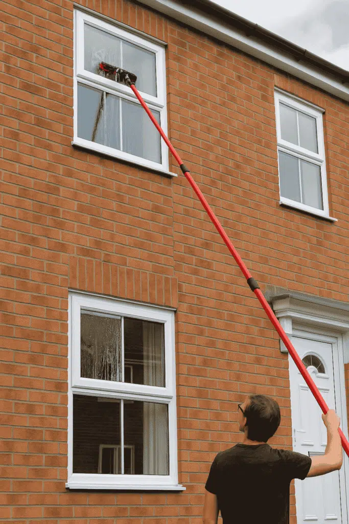 extendable cleaning pole cleaning upstairs windows safely from the ground