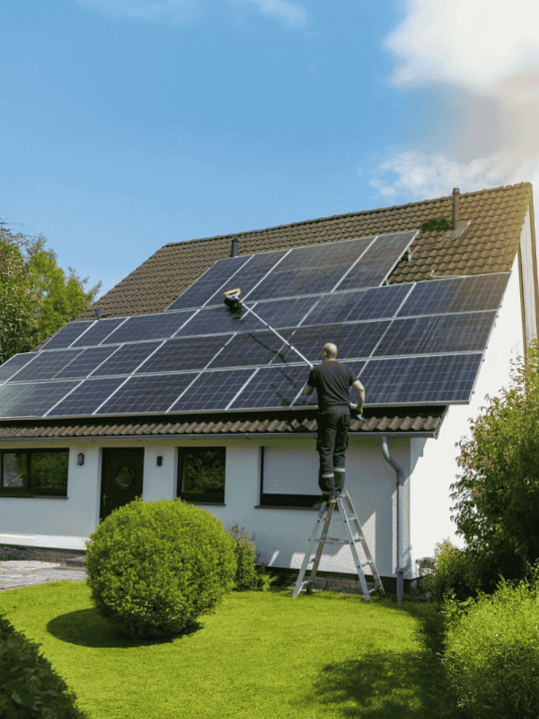 A man standing on a ladder on a roof, cleaning solar panels with 7m Water fed pole, with a clear sky and clouds in the background.