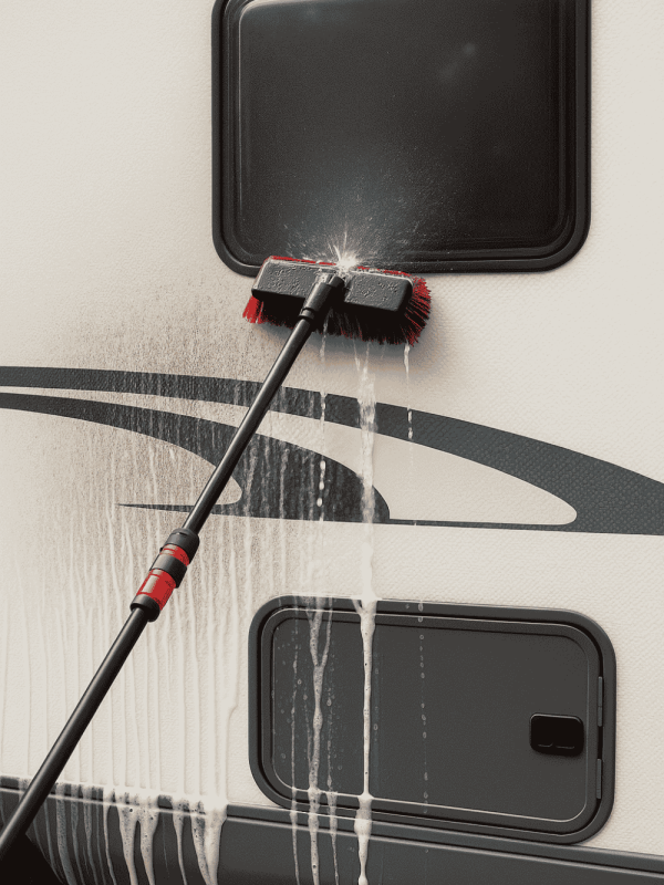 A person using a water fed pole to clean a vehicle, with a focus on the car mirror and wall in an indoor setting.